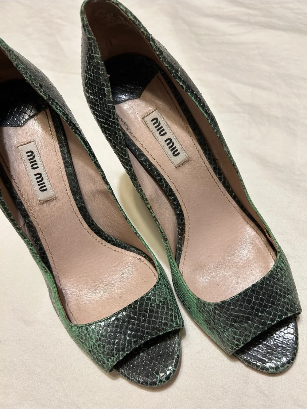 Miu Miu Green Snakeskin Open-Toe Pumps